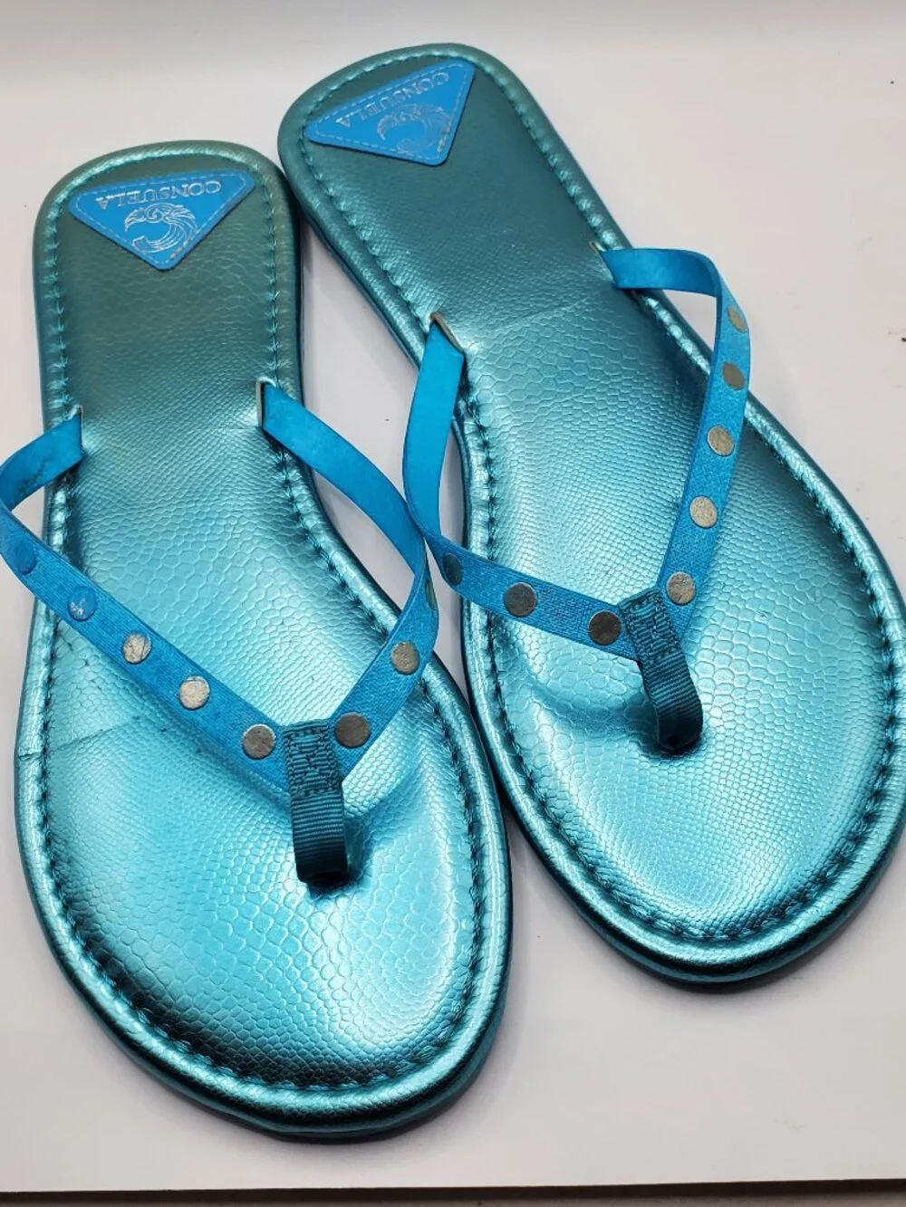 Consuela Large (8-9) Metallic Blue Studded Flip Flop Sandals